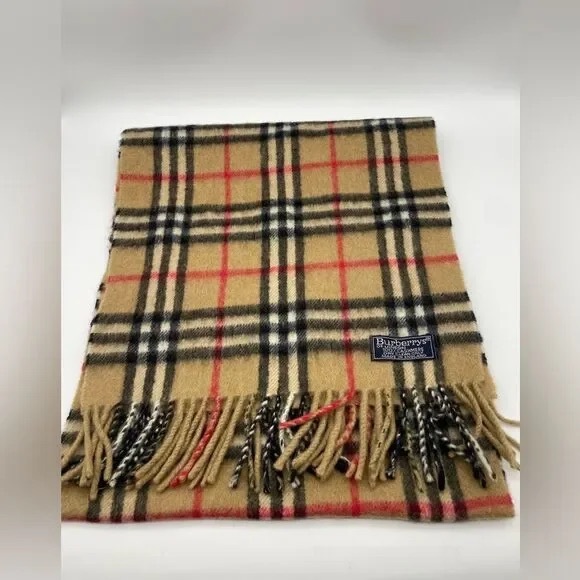 Burberry 100% Cashmere Classic Plaid Fringe Scarf Tan Black Red great condition - Picture 4 of 13